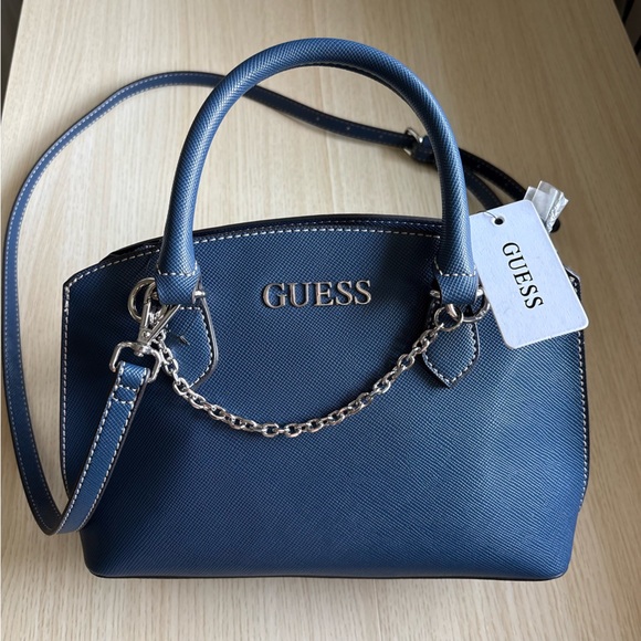 GUESS Navy Denim Look Shoulder Bag | Faux Leather Style Purse NWT - Picture 3 of 12